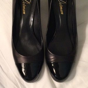 Delman black leather patent captoe heels
